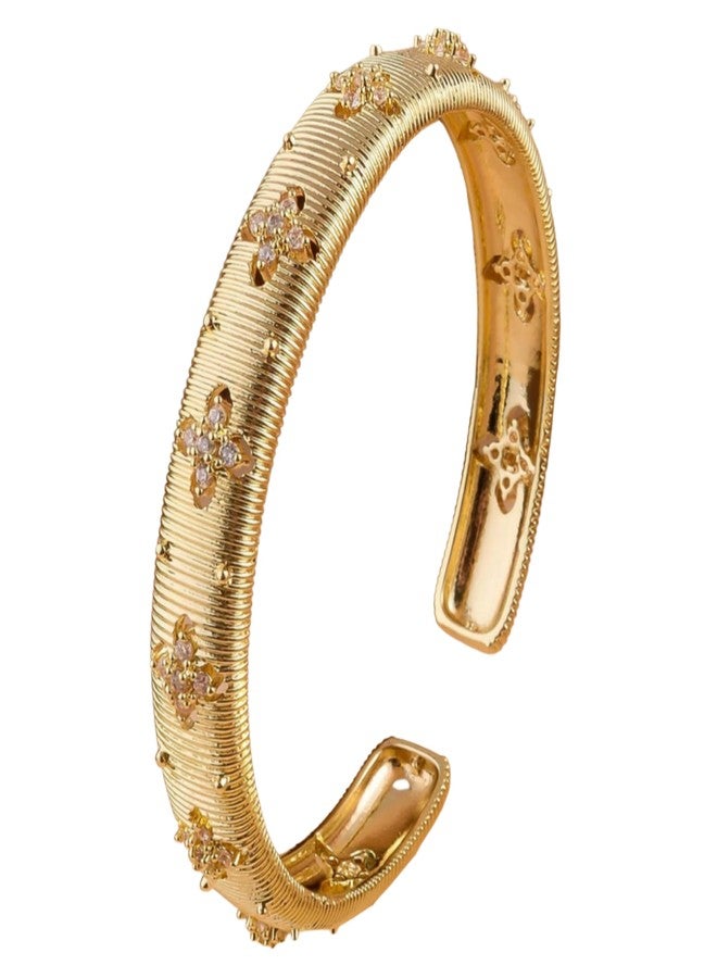 sunglnl Gold Bracelets for Women, Silver Gold Stripe Bangle Bracelet Cuff Flower Shaped With Simulated Diamond Trendy Mixed Metal Open Gift for Mom Her Jewelry (Gold Flower) - Image 1